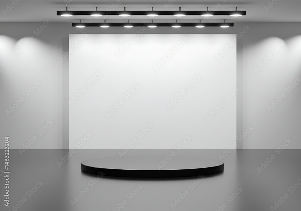 Poster modern minimalist gallery with blank canvas backdrop and sleek presentation stage