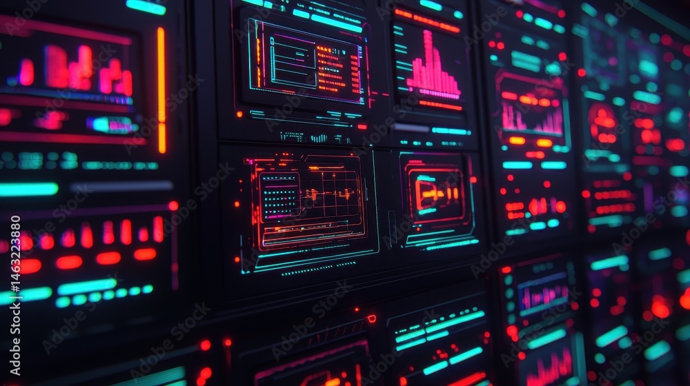 Poster futuristic data visualization wall with neon elements displaying charts and graphs in a high-tech en