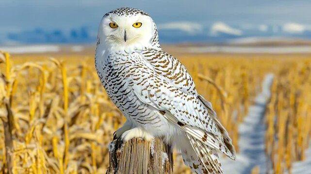 Snowy owl perched on a post in a winter agricultural landscape.

