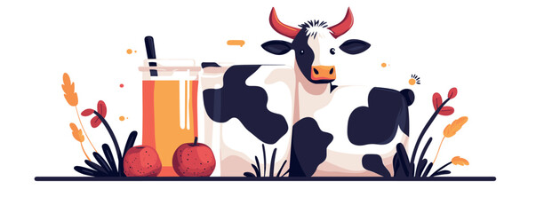 Fototapeta premium Cow resting by fresh milk jar and apple juice with apples on white background.
