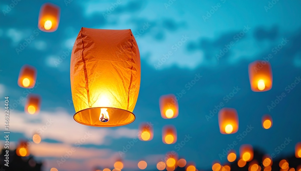 Poster floating lanterns illuminate the evening sky, casting a warm glow against a backdrop of clouds and t