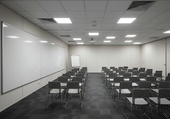 Modern presentation hall featuring chairs, whiteboard and minimalistic ambiance