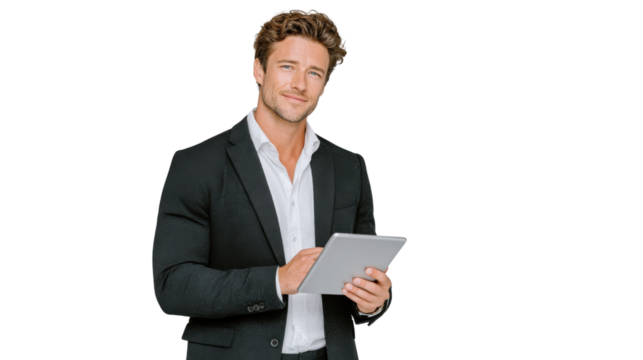 Business professional using tablet for digital communication in modern office setting
