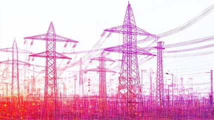 High Voltage Power Lines in Abstract Pink and Purple Design Against White Background