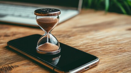 Hourglass on Smartphone Symbolizing Time Management and Productivity in a Modern Workspace Setting