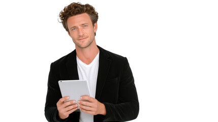 Engaging young professional using tablet modern office digital interaction bright environment close-up perspective