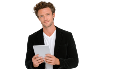 Engaging young professional using tablet modern office digital interaction bright environment close-up perspective