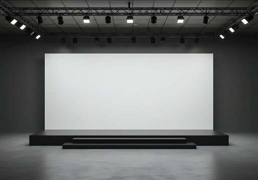 Modern presentation stage backdrop illuminated by spotlights in a dark room