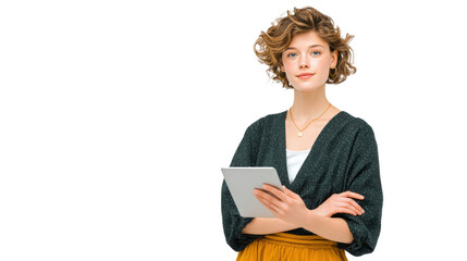 Engaging young professional woman using tablet for work modern office portrait bright confident approach