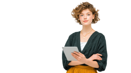 Engaging young professional woman using tablet for work modern office portrait bright confident approach