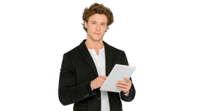 Business professional engaged in digital work office setting portrait photography modern environment direct view technology focus