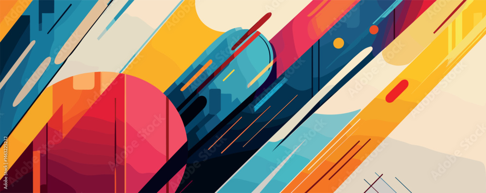 Poster abstract geometric art with dynamic lines and vibrant colors in a modern design.