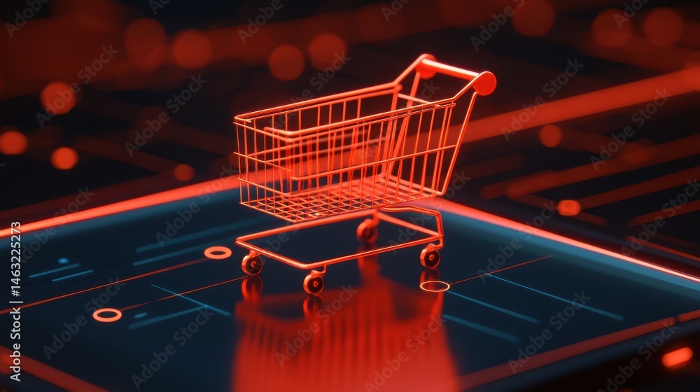 Poster 3d render of shopping cart on digital interface with abstract background in red and orange colors
