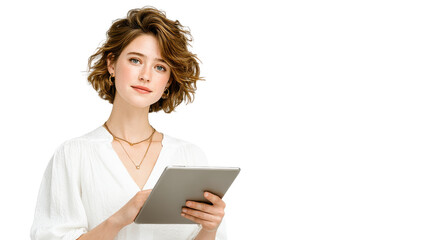 Fototapeta premium Engaging young woman using tablet in modern workspace professional setting lifestyle shot minimalist design