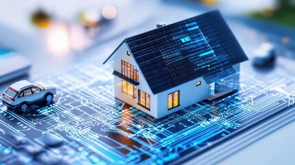 Digitally Rendered Model House on Circuit Board with Toy Cars and Light Background