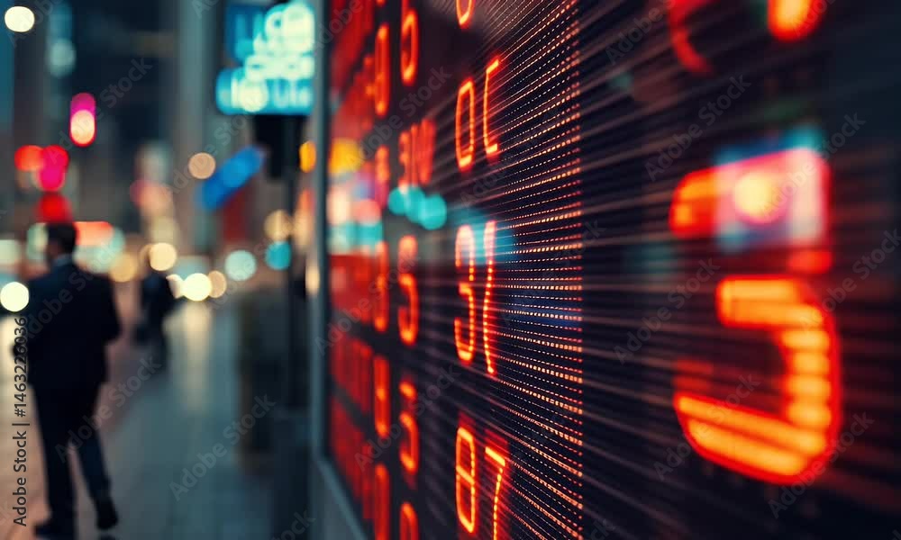 Poster close-up of a red stock market graph on a digital display, showing a falling trend line with a large