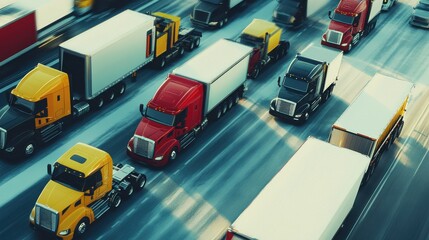 Busy Highway Scene with Multiple Trucks in Motion During Daylight Hours