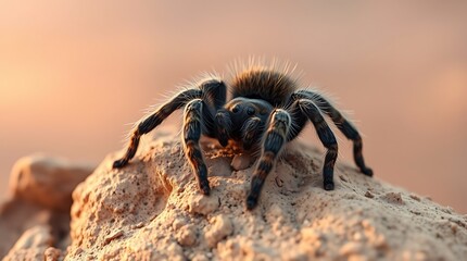 Ultra HD 3D rendering of an adorable, charming tarantula crawling on a desert rock. Professional photography with warm, soft lighting, soft focus, and a hazy background. Soft contrast and saturation. 