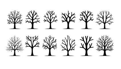 Obraz premium Twelve black silhouette illustrations of bare trees with intricate branch structures are arranged on a white background.