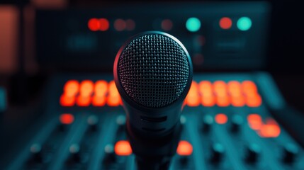 Close-Up of a Professional Microphone Against a Blurred Sound Mixing Console with Vibrant Lights