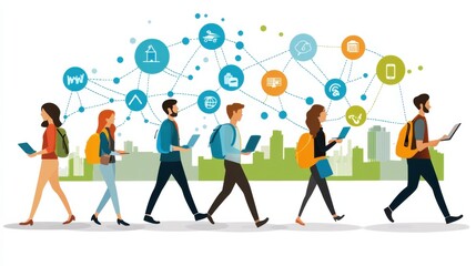 Diverse Group of People Using Technology in Urban Setting with connected Digital Network Icons