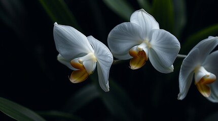 Fototapeta premium Ultra-HD macro photograph of a ghost orchid, translucent petals, lush tropical greenery, intense jet black, modern flat design, soft light, refined features, two-dimensional shapes, deep shadows