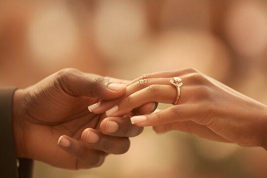 Ring Exchange: A tender moment captured as hands intertwine, a radiant diamond engagement ring taking center stage, symbolizing love, commitment, and the promise of forever.