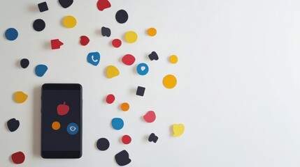 Abstract Flat Lay Composition with Smartphone and Colorful Shapes on White Surface