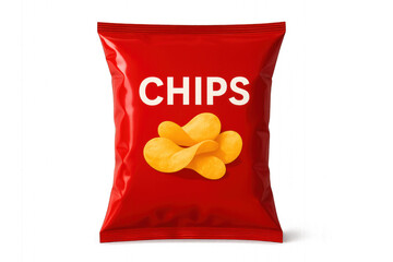A bag of potato chips piled high, with a distinct red branding label. Isolated on transparent background.