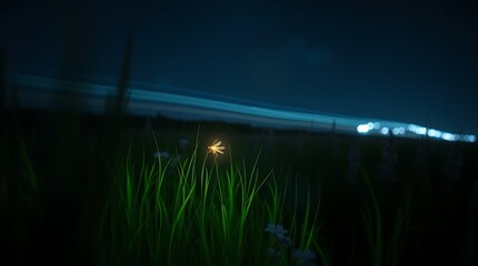 Ultra HD 3D render, long exposure photography, firefly glowing in a dark meadow, cool color palette blues greens purples, motion trails, soft light
