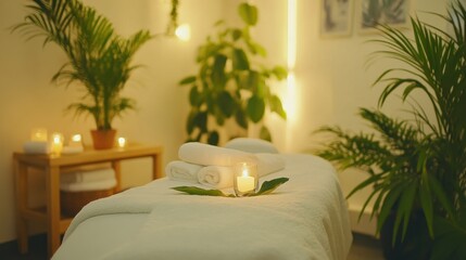 Tranquil Spa Room with Soft Lighting, Cozy Towels, Candles, and Lush Green Plants