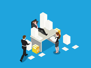 Overworked and Relaxed Businessman with Assistants Isometric Illustration