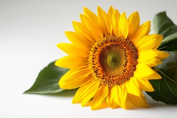 Obraz premium Bright and cheerful sunflower in full bloom, isolated on a white background, radiating vibrant summer energy.