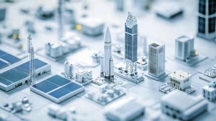 Modern Cityscape with Rocket Model and Futuristic Buildings in a 3D Rendered Environment