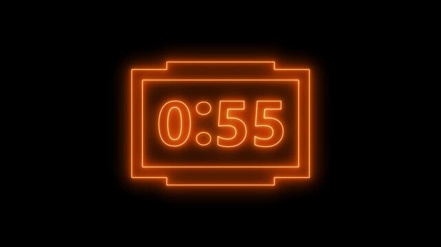 Glowing neon 60 seconds countdown.Countdown one minute animation from 60 to 0 seconds, 60 second countdown Animation background.LCD Digital Clock Countdown 60 - 0 Graphic Animation on Background