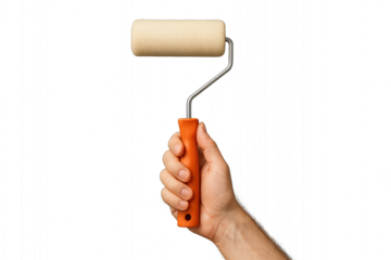 Hand holding red and silver paint roller isolated on transparent background.