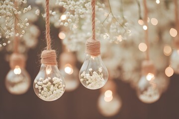 Dreamy Illumination: Artistic close-up showcases glowing lightbulbs adorned with delicate flowers, casting a warm and inviting glow. Evoking feelings of serenity and creativity.