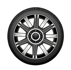 Fototapeta premium Isolated black rubber car tyre on a shiny metal alloy rim of an automobile wheel for vehicle transport on white