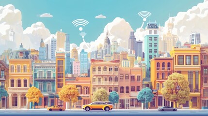 Obraz premium Social networking city and town with automation car on the world symbols moving from buildings to cloud using wifi. Vector illustration, penology, communication, generation, modern,