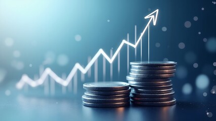A stack of coins with a white arrow going up on top of them.