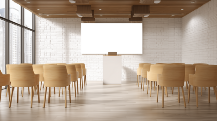 Modern Minimalist Conference Room With Blank Screen And Wood Chairs