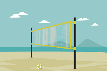 Beach volleyball court with an ocean background design vector flat isolated illustration