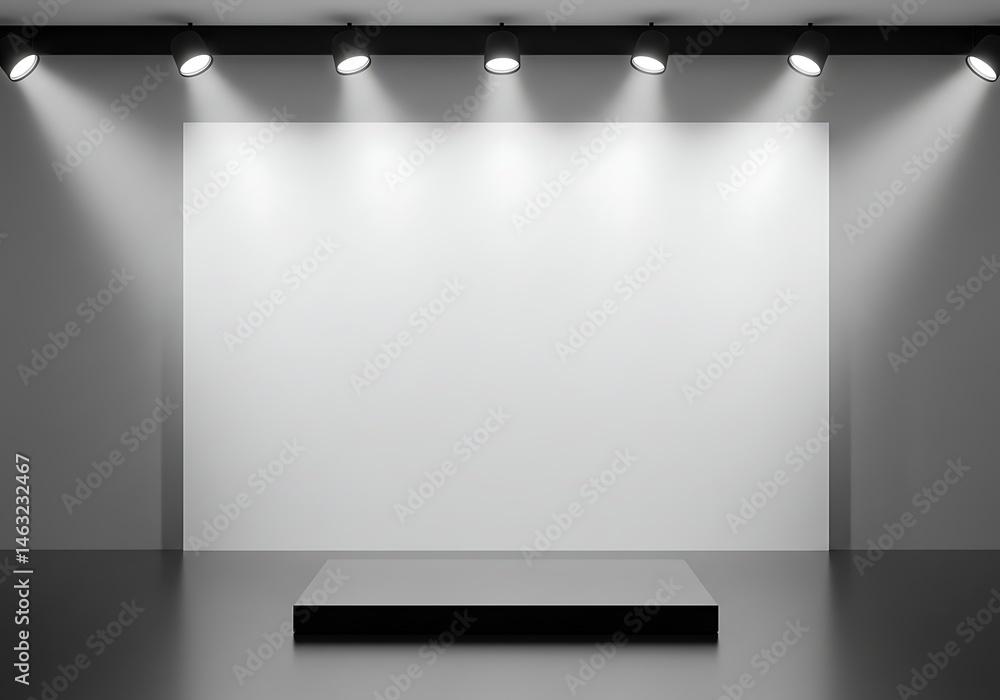 Poster spotlit presentation space with minimalist platform for display and staging