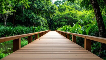 Fototapeta premium A wooden walkway leads through lush greenery, inviting exploration in a serene natural setting