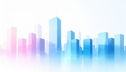 Naklejka premium A vibrant city skyline with modern skyscrapers, showcasing a blend of blue and pink hues, set against a light background