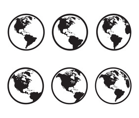 Fototapeta premium Minimalist earth globe icon set – Classic black and white earth designs. Silhouette world map and globe.