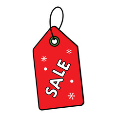 Red Christmas sale paper tag with bold white text, snowflakes, and string tie—perfect for festive promotions, discounts, and holiday-themed marketing displays.