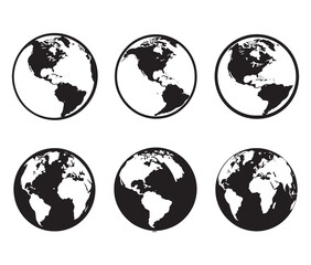 Fototapeta premium Minimalist earth globe icon set – Classic black and white earth designs. Silhouette world map and globe.