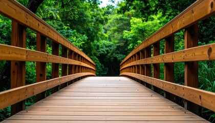 A wooden bridge leads through a lush green landscape, inviting exploration and connection with nature