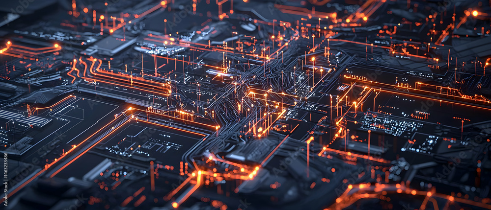 Poster abstract futuristic cityscape with glowing lines and networks